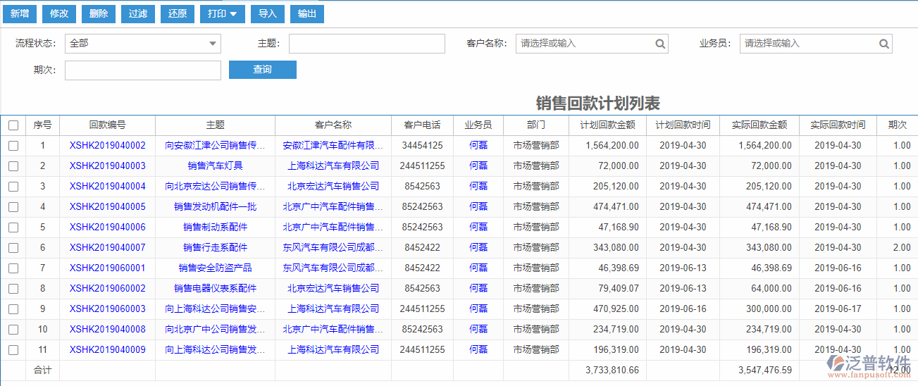 銷售回款計劃列表