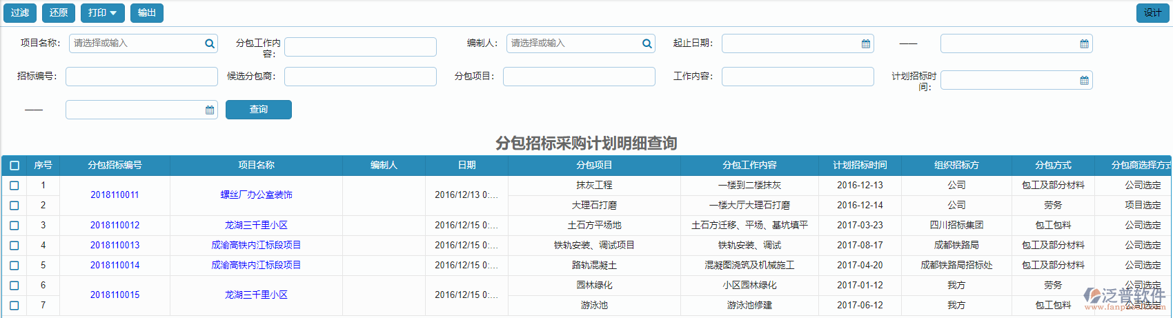 分包招標(biāo)采購計(jì)劃明細(xì)報(bào)表查詢