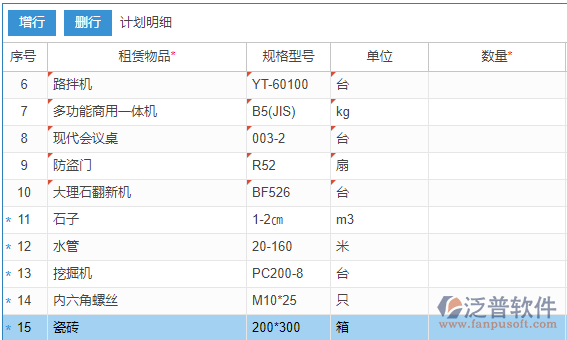 租賃計劃上的租賃物品選擇多個物品效果