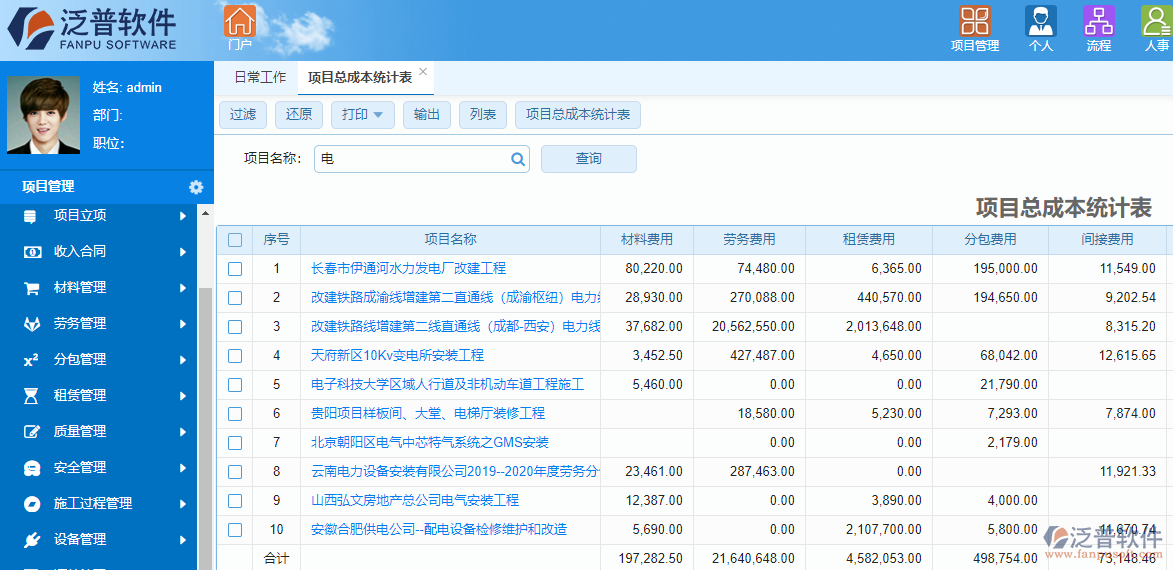 泛普光電工程項(xiàng)目管理軟件成本管理