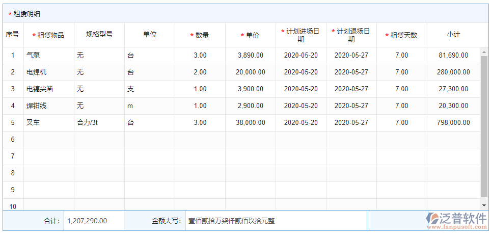 租賃合同明細(xì)