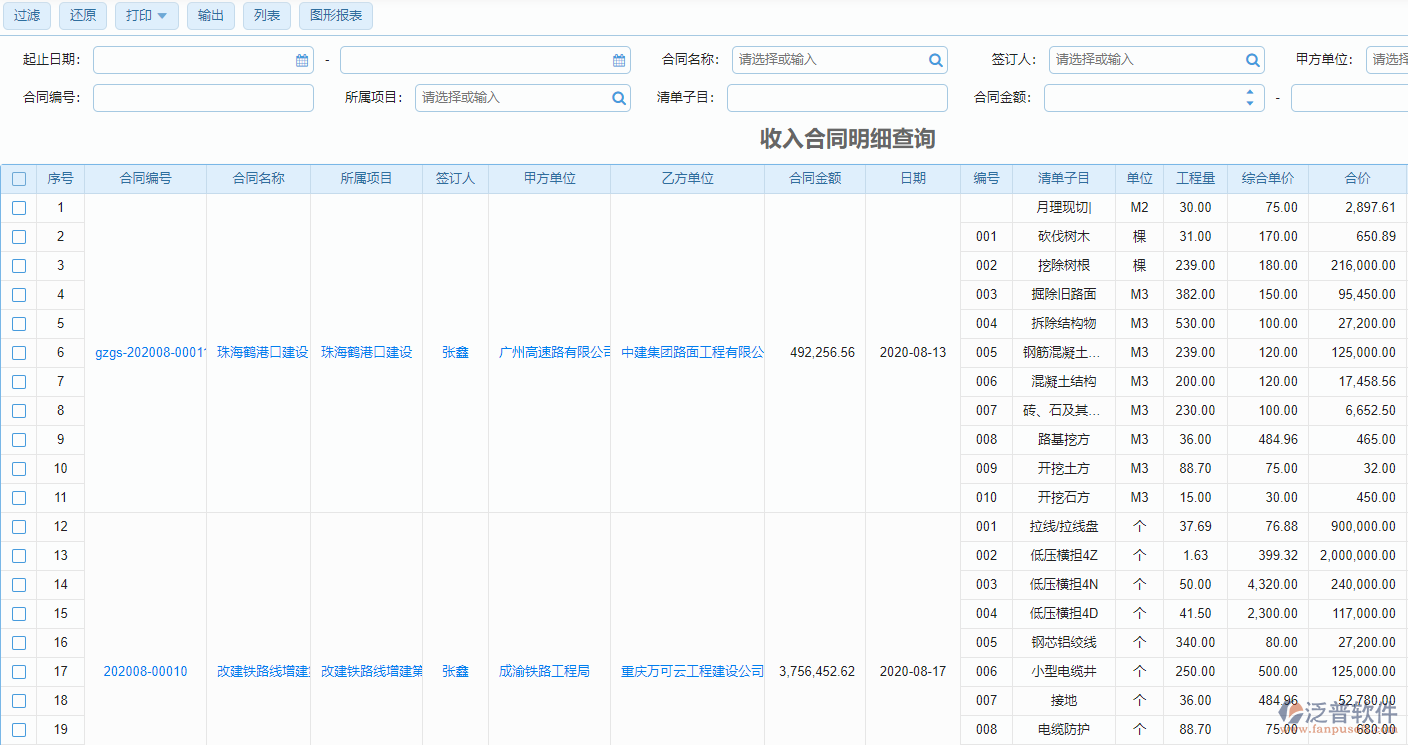 收入合同明細(xì)查詢