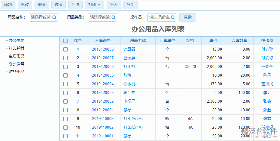 辦公用品入庫列表