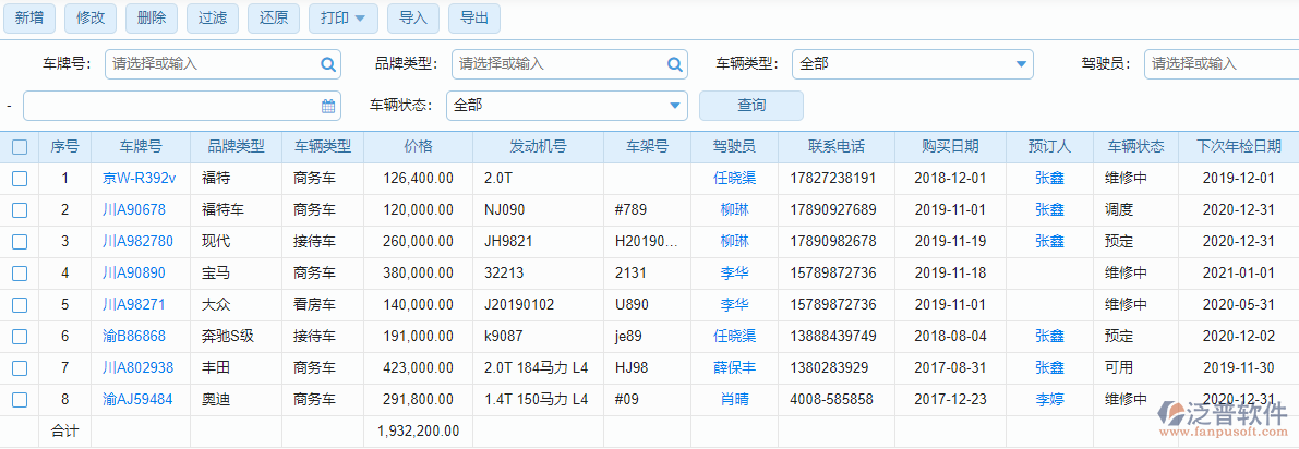 車輛信息列表