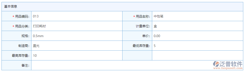 辦公用品信息基本信息