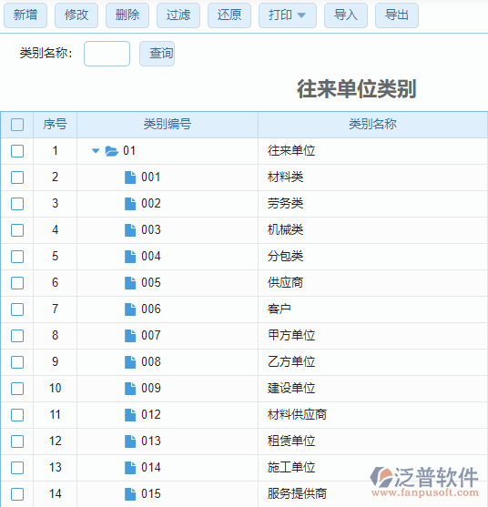 往來(lái)單位類(lèi)別列表