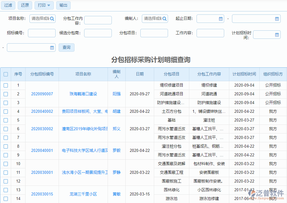 分包招標(biāo)計劃查詢明細