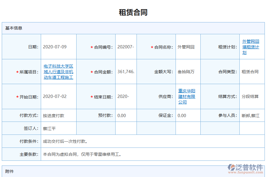 泛普電力工程企業(yè)管理系統(tǒng)中租賃合同管理的管控點(diǎn)及作用