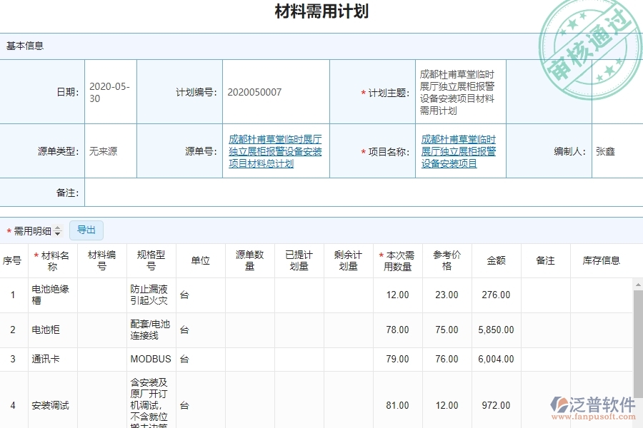 泛普設(shè)備工程企業(yè)管理中材料需用計(jì)劃明細(xì)查詢的亮點(diǎn)