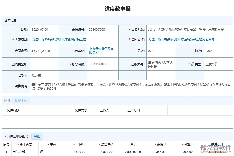 設(shè)備安裝工程企業(yè)分包進(jìn)度款申請(qǐng)審批匯總單據(jù)及列表