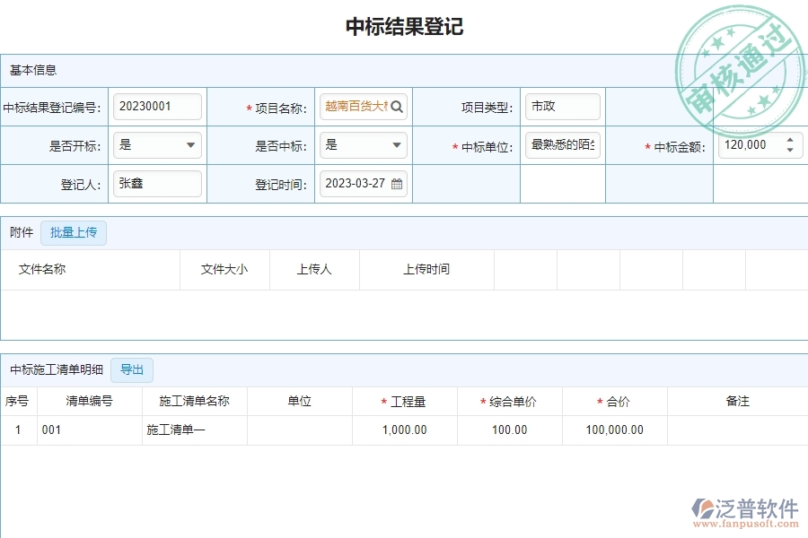 泛普軟件-市政工程企業(yè)管理系統(tǒng)中投標(biāo)項(xiàng)目中標(biāo)情況表的管控點(diǎn)及作用