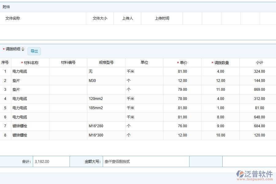 泛普軟件電力工程系統(tǒng)的施工材料調(diào)撥明細查詢功能