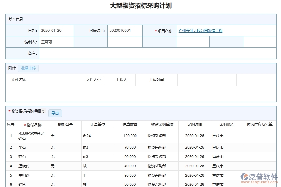 市政工程企業(yè)大型物品招標(biāo)采購(gòu)計(jì)劃列表主要內(nèi)容