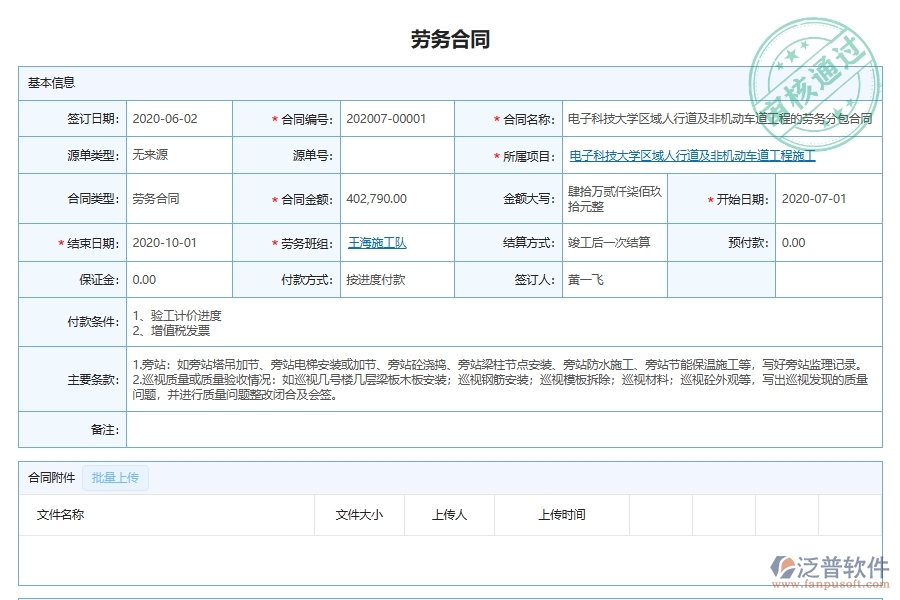 泛普軟件-市政工程企業(yè)管理系統(tǒng)中勞務(wù)合同管理的核心功能