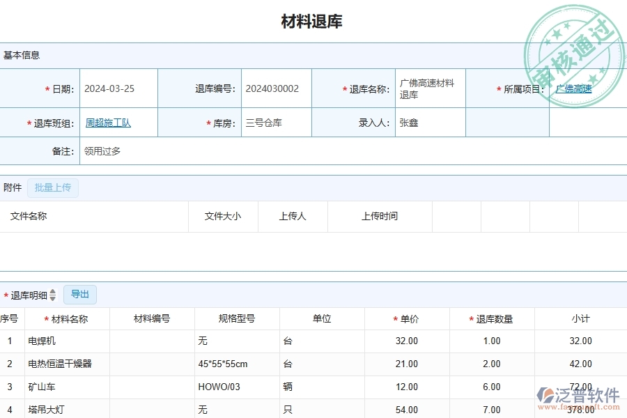 四、泛普軟件-公路工程管理系統(tǒng)在材料退庫明細(xì)查詢中的解決方案