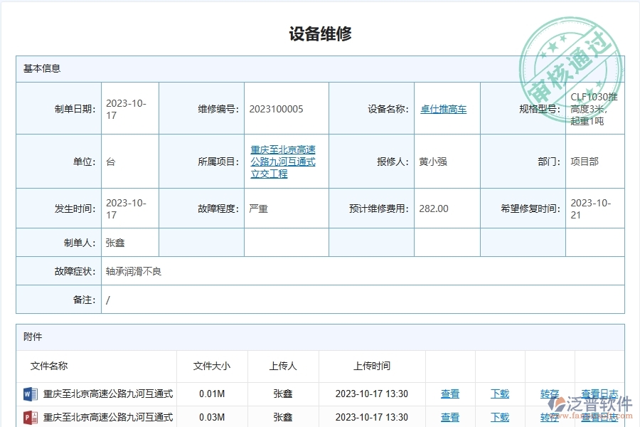 泛普軟件-的路橋工程項目管理系統(tǒng)在設(shè)備使用維修保養(yǎng)管理中的方案