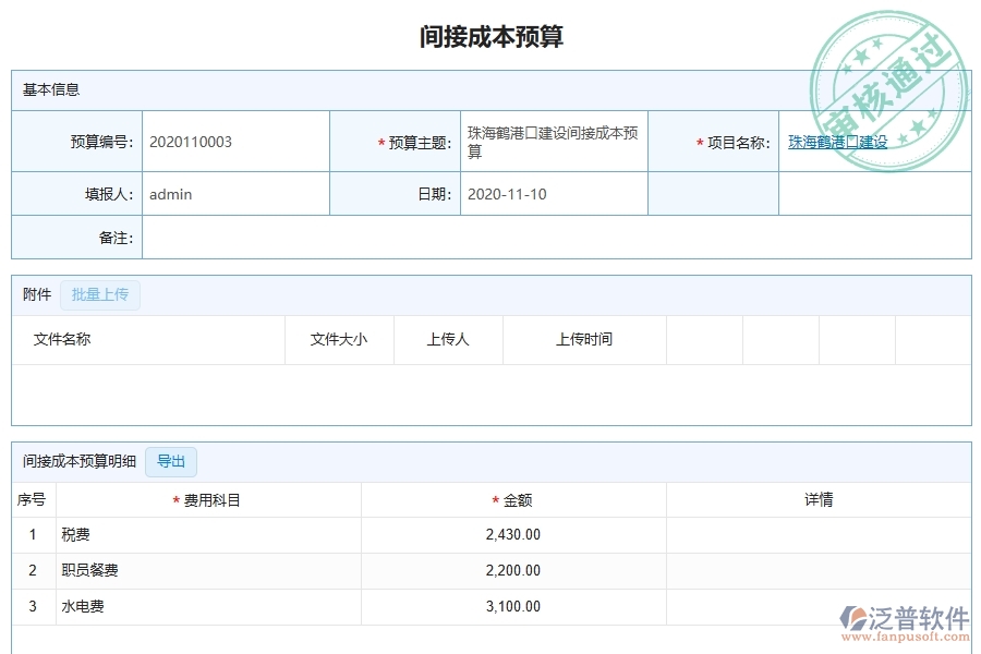 泛普軟件-幕墻工程企業(yè)管理系統(tǒng)對(duì)于間接成本預(yù)算列表的管理作用體現(xiàn)在哪些方面