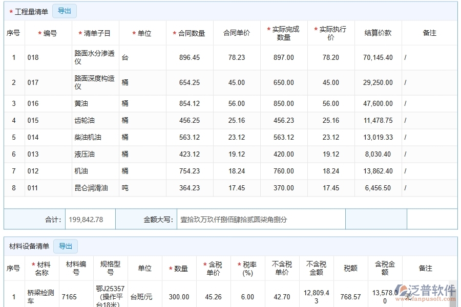 泛普軟件-路橋工程企業(yè)管理系統(tǒng)中的合同結(jié)算及明細(xì)單據(jù)及列表