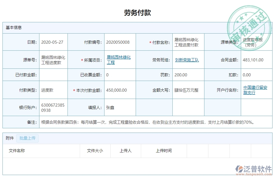 三、泛普軟件-園林工程企業(yè)管理系統(tǒng)中勞務付款列表的主要功能