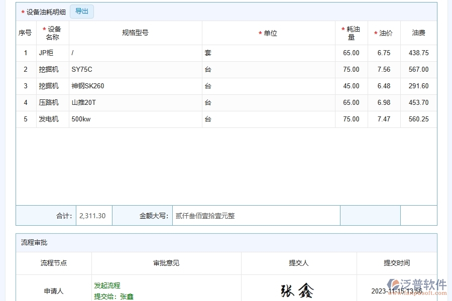 四、泛普軟件-幕墻工程管理系統(tǒng)在設(shè)備油耗查詢中的解決方案