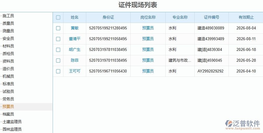 二、泛普軟件-幕墻工程企業(yè)管理系統(tǒng)的證件現(xiàn)場列表為工程企業(yè)帶來七大管理革新