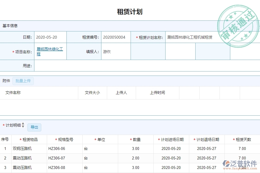 三、泛普軟件-園林工程企業(yè)管理系統(tǒng)中租賃計劃列表的管控點