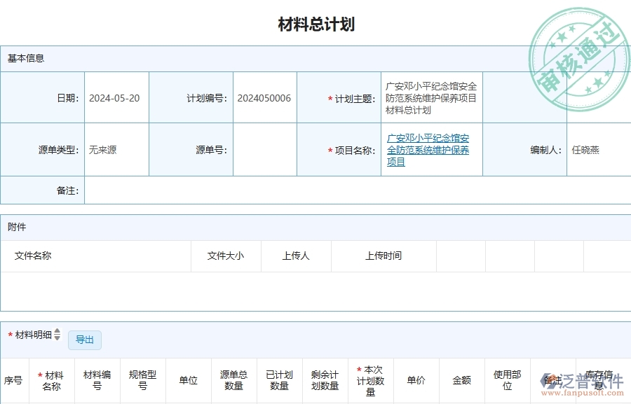 四、泛普軟件-安防工程管理系統(tǒng)在材料總計劃列表中的應用場景