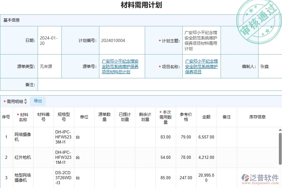 三、安防工程企業(yè)使用了泛普軟件-工程材料需用計(jì)劃列表軟件的好處是什么