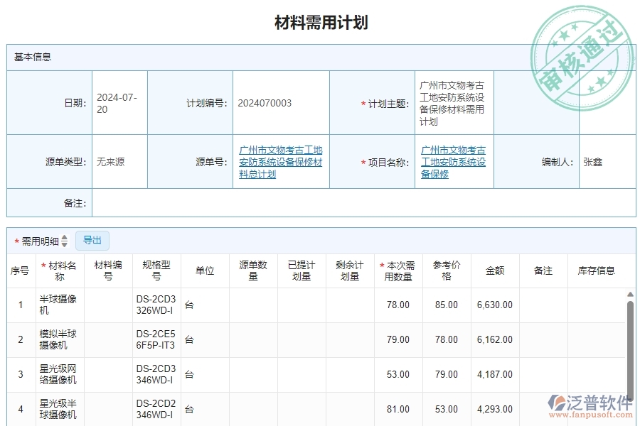 三、安防工程企業(yè)使用泛普軟件-材料需用計(jì)劃明細(xì)查詢管理的好處