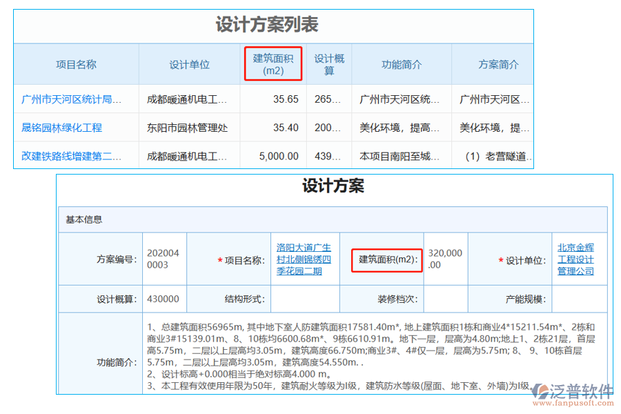 設(shè)計(jì)方案列表中【建筑面積】字段