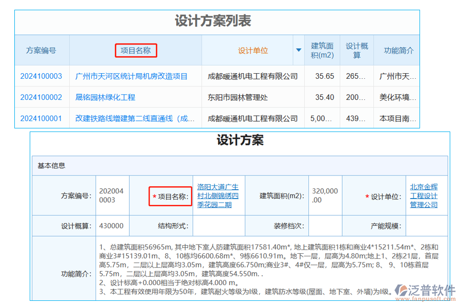 設(shè)計方案列表中【項目名稱】字段