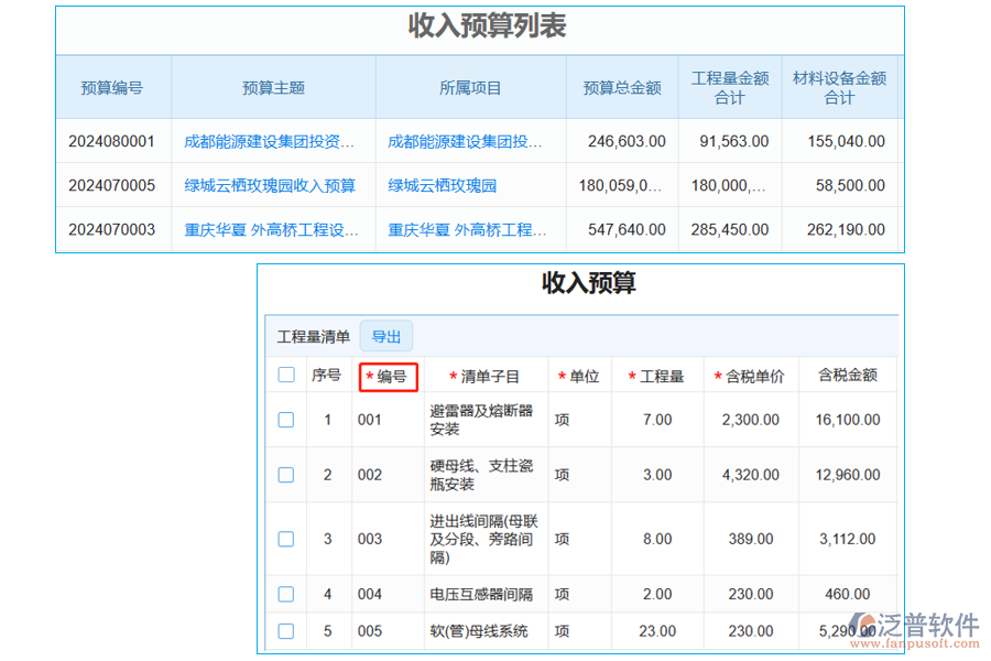 收入預(yù)算列表中【工程量清單編號(hào)】字段